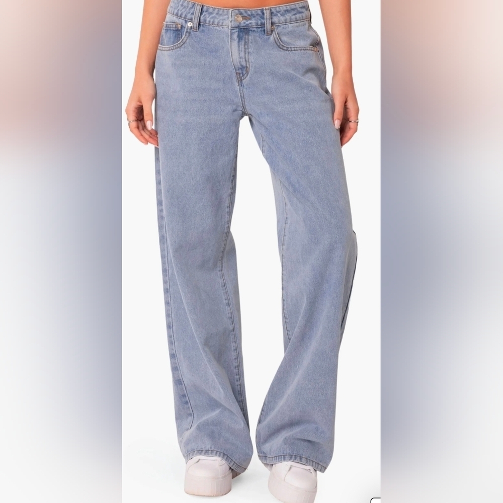 Edikted Mid Rise Wide Leg Jeans Light Wash Size MEDIUM